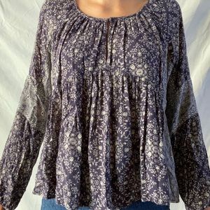 Zara Blue and White Boho Floral Blouse Top